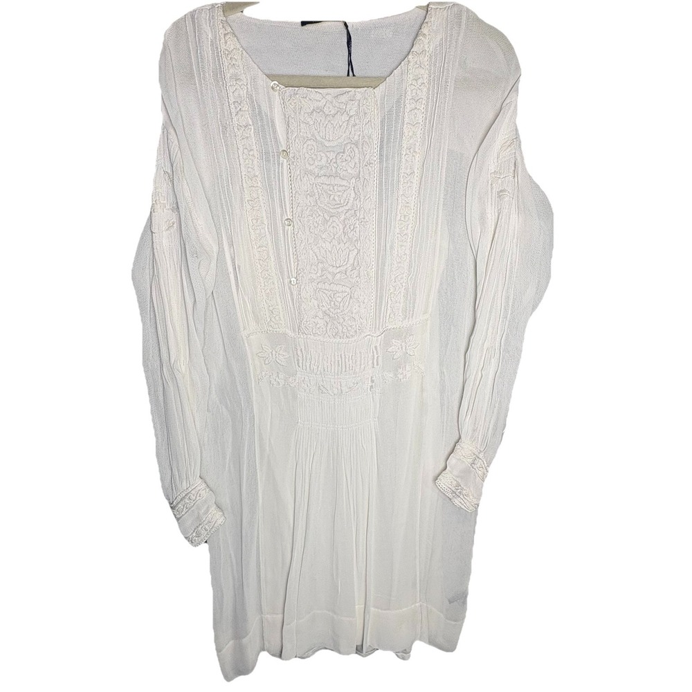 Ralph Lauren White Dress Lacy Viscose Sheer Dress Sz L Boho Flowy Long Sleeve